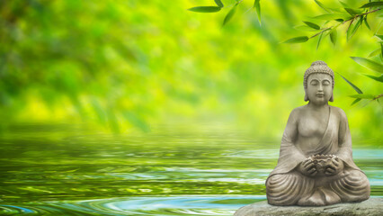 buddha statue on a rock in a soft water wave meditating in an idyllic green bamboo garden, spa...