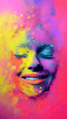 women face covered and submerged in colorful vibrant holi color powders and splatter