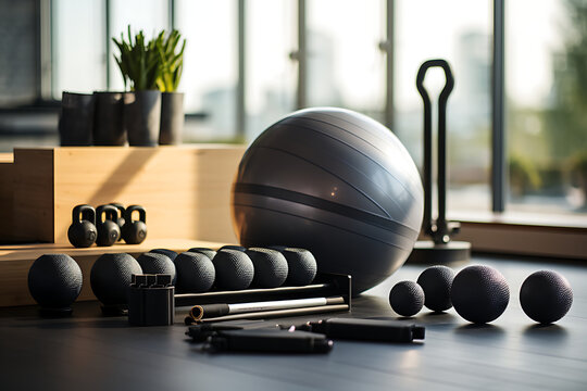 Fitness and healthy lifestyle concept. Dumbbells, kettlebells and red kettlebells in gym.