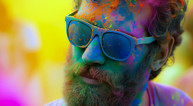 young man wearing glasses playing holi and covered in vibrant and colorful color powder