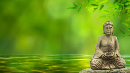 meditating buddha statue on a rock in wavy flowing water isolated on blurred green background, spa backdrop with asian spirit and copy space