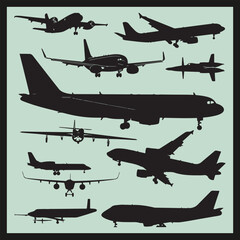 set of silhouettes of airplane