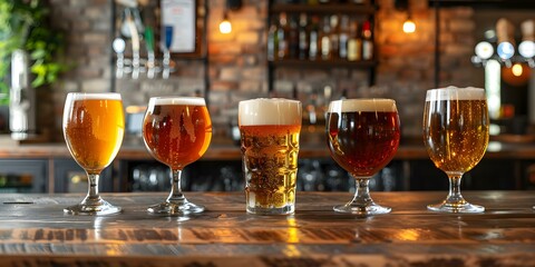 Assorted craft beer glasses showcased on a rustic bar counter. Concept Craft Beer, Beer Glasses, Rustic Decor, Bar Counter Display