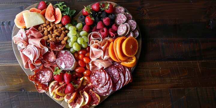 Heart-shaped charcuterie board filled with assorted meats, fruits and nuts for Valentine's day party, Generative AI