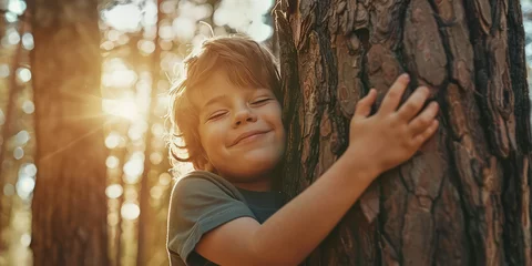 Fotobehang Child Embracing Nature: Tree Hug in sunny day. Smiling young kid hugging a tree, concept of environmental education. © dinastya