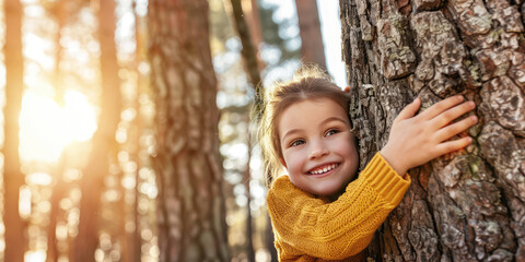 Child Embracing Nature: Tree Hug in sunny day. Smiling young kid hugging a tree, concept of environmental education.