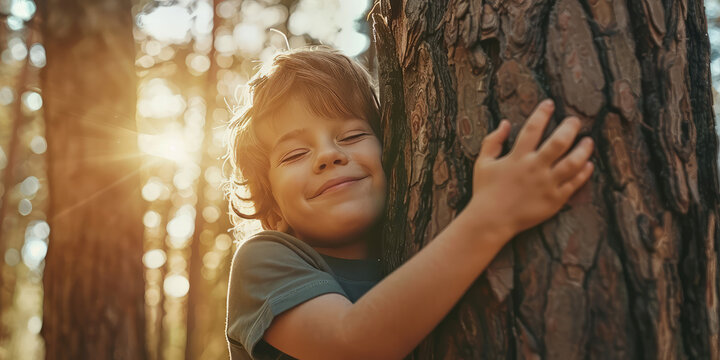 Child Embracing Nature: Tree Hug in sunny day. Smiling young kid hugging a tree, concept of environmental education.