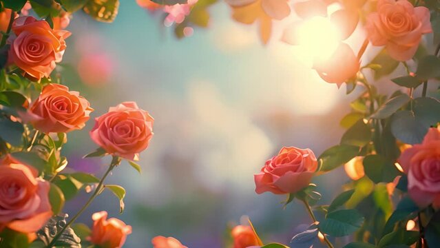 Pink rose flowers on a edge beautiful rose bush in flowers garden at the morning with clear blue sky background in summertime frame 4k video