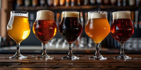 Display of Five Different Craft Beer Glasses on a Rustic Bar Counter. Concept Craft Beer Glasses, Bar Counter, Rustic Setting, Beverage Display, Tasting Experience