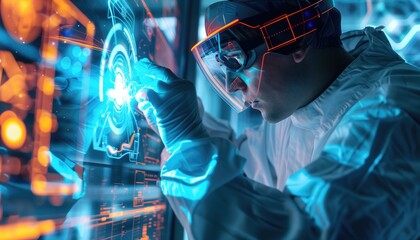 Close up photo of laboratory worker working in light futuristic laboratory medical science and healthcare digital technology background