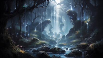 surreal landscape, prehistoric scenery river mountain man of caves, Mysterious, magical forest