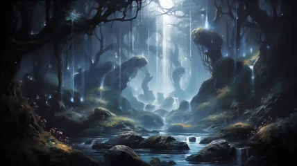 Crédence de cuisine en verre imprimé Gris 2 surreal landscape, prehistoric scenery river mountain man of caves, Mysterious, magical forest