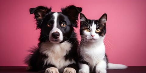 Furry friends posing side by side against vibrant pink background for photo. Concept Pet Photography, Vibrant Backdrops, Animal Portraits, Colorful Props