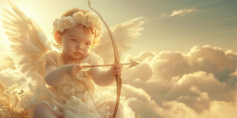 Little Cupid Aiming with Bow and Arrow in the sky. Close-up of an adorable child dressed as cupid aiming an arrow, Valentines day banner. - obrazy, fototapety, plakaty