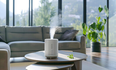 air humidifier on the table in a modern bright living room with large panoramic windows
