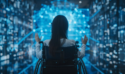 Fototapeta na wymiar Inclusive image of a disabled cyber security IT developer in a wheelchair. 