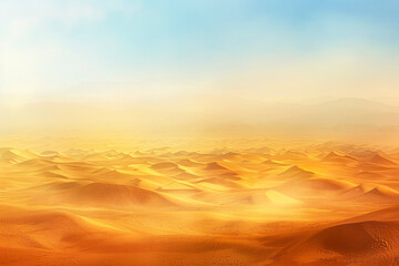 Vast desert panorama with endless dunes, shimmering heat haze.