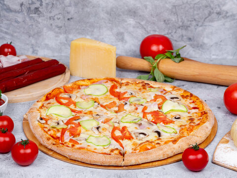 beautiful tasty pizza on a gray background