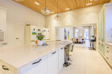 interior kitchen and dining room, refectory area, cooking equipment, table furniture, stove