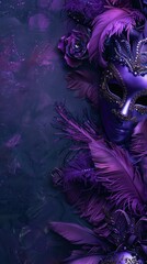 Background on the theme of the Mardi Gras holiday. Purple color palette Feathers Masks