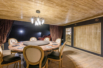 interior kitchen and dining room, refectory area, cooking equipment, table furniture, stove