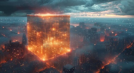 A mesmerizing cube of light hovers over the bustling city, its orange glow illuminating the sky and hinting at the infinite wonders of the universe beyond