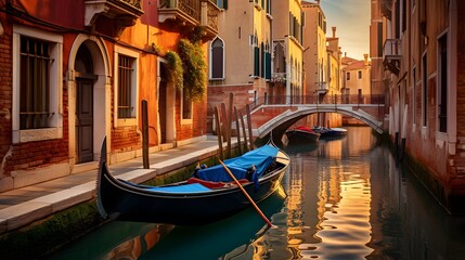 Fototapeta na wymiar Panoramic view of a canal with gondolas in Venice, Italy