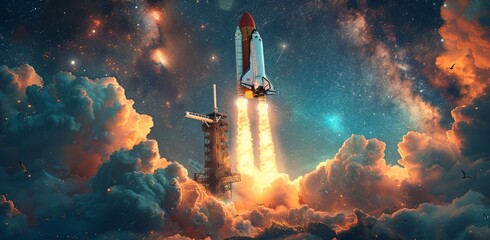 Against the backdrop of a vast and endless universe, a powerful rocket blasts off into outer space, carrying its precious cargo of exploration and discovery the transport of dreams, the spacecraft as - obrazy, fototapety, plakaty