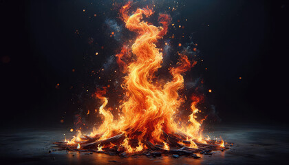 Intense Bonfire Burning in Dark Night.