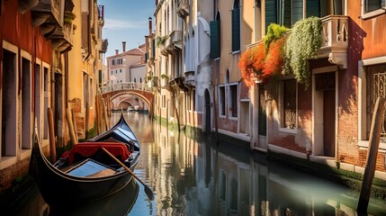 Venice, Italy. Panoramic view of the canal with gondola. - obrazy, fototapety, plakaty