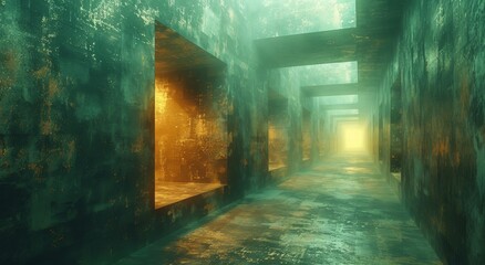 A foggy hallway, adorned with square windows and a painting on the wall, is illuminated by a gentle light, creating an eerie and ethereal atmosphere