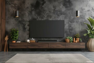 Cabinet for tv in living room interior wall mockup on dark concrete wall.