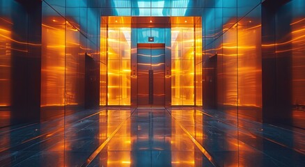 Naklejka premium A mesmerizing fusion of amber hues and abstract reflections adorn the indoor elevator, illuminated by the subtle lighting and showcasing the artistry of tiled floors
