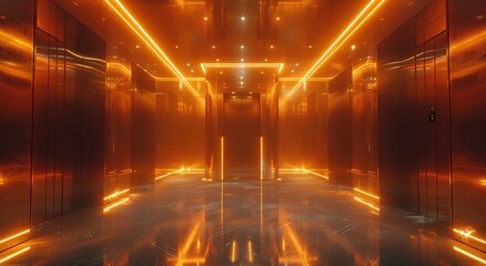 A vibrant amber glow illuminates the night as the elevator's orange lights guide passengers to their destination - obrazy, fototapety, plakaty