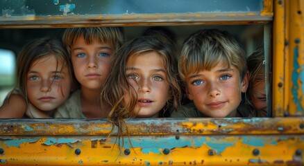 A curious group of young children, dressed in colorful clothing, peer out the window with wide-eyed wonder and excitement, their faces filled with anticipation and innocence