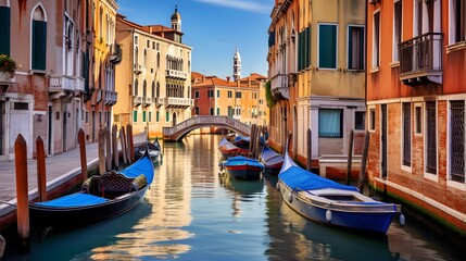 Venice, Italy. Panoramic view of the Grand Canal with gondolas