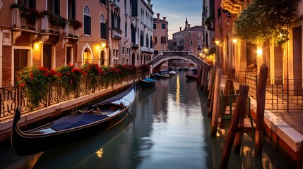 Fototapeta na wymiar Venice canal with gondolas at night, Italy. Panorama