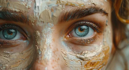 Fototapeten A vibrant canvas of emotion, with skin as the backdrop and eyes as the focal point, showcasing the beauty of the human iris through the intricate strokes of painted eyelashes © Larisa AI