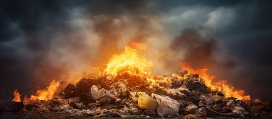 Foto op Canvas Incineration of household waste, including paper, food scraps, plastic, and other pollutants, causing air pollution, is the concept behind managing a burning pile of garbage in Trash management. © Sona