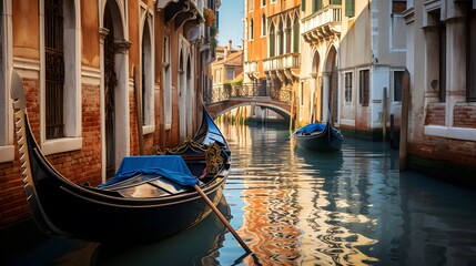 Gondolas in Venice, Italy. Panoramic view. - obrazy, fototapety, plakaty