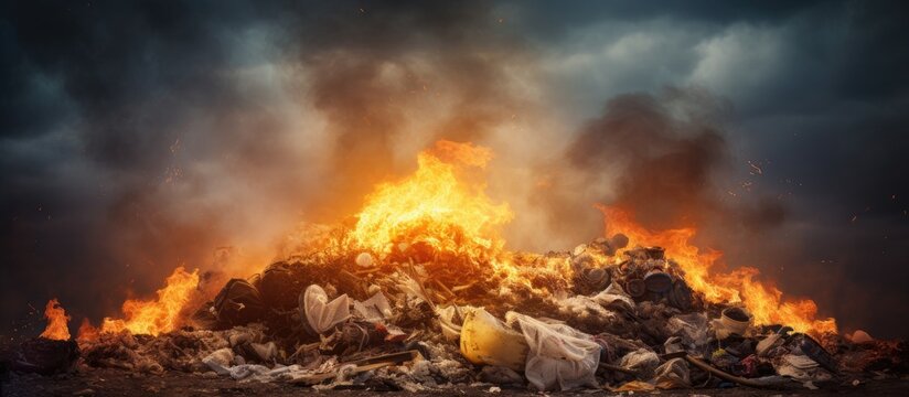 Incineration of household waste, including paper, food scraps, plastic, and other pollutants, causing air pollution, is the concept behind managing a burning pile of garbage in Trash management.