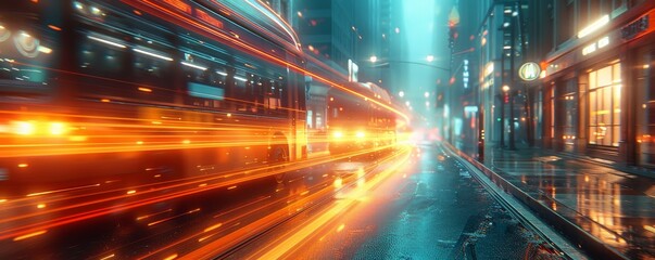 A bustling city street comes to life as a train-like bus glides past vibrant buildings, illuminated by the glow of streetlights and the hum of electricity, all against the backdrop of a busy night ou - obrazy, fototapety, plakaty