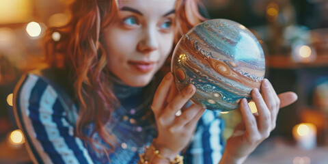 Mystic Astrologer with a Celestial Sphere. Portrait of a young pretty woman holding a planet...