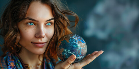 Fototapeta na wymiar Mystic Astrologer with a Celestial Sphere. Portrait of a young pretty woman holding a planet sphere, symbolizing astrology and mysticism.