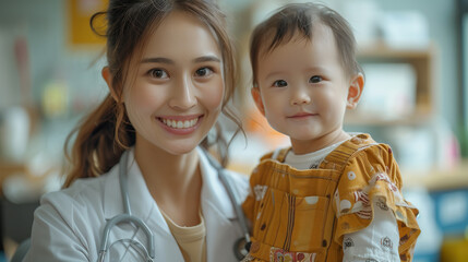  Doctor : Happy infant kid assessment in clinic; hospital and medical analysis. An image featuring a doctor and child; along with a doctor and baby.