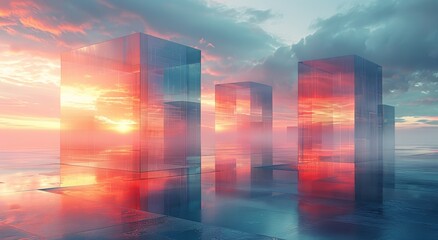 A breathtaking art installation of glass cubes reflects the vibrant sunset over the city skyline, creating a mesmerizing fusion of water, sky, and skyscrapers