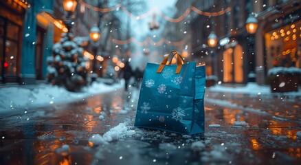 A solitary blue bag stands out against the snowy winter backdrop of a city street, illuminated by the soft glow of outdoor lights amidst the falling rain and snow