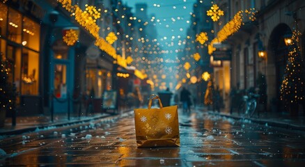 A yellow bag lies abandoned on a wet, rainy street in the city, illuminated by the soft glow of streetlights and surrounded by the reflection of buildings in the water on the ground