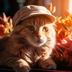 A ginger cat with a casual cap poses amid a warm, sunlit floral arrangement