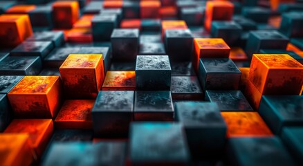 Obraz premium A vibrant display of fiery cubes, intermingling shades of black and orange, evoking a sense of boldness and intensity